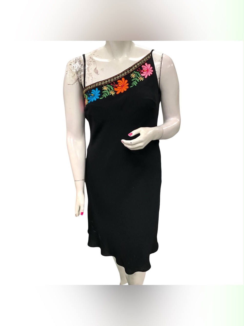 Donna Morgan Black One-Shoulder Dress with Multicolor Floral Trim Size L
